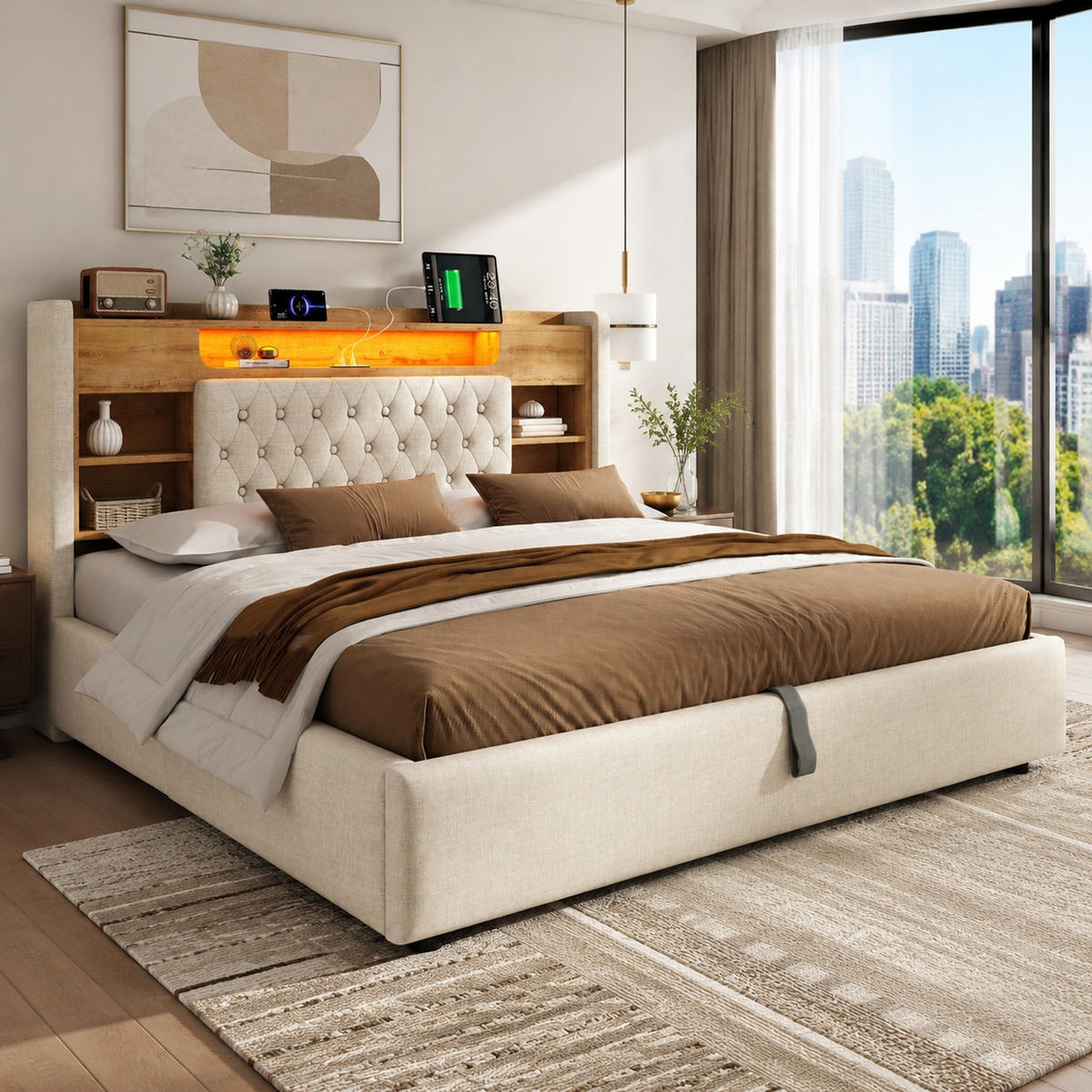 POLSTERBETT 180/200 mit Bettkasten,LED-Kopfteilregal und Ladeanschlüssen in Beige - Beige, Holzwerkstoff/Textil (180/200cm) - EVRYAE