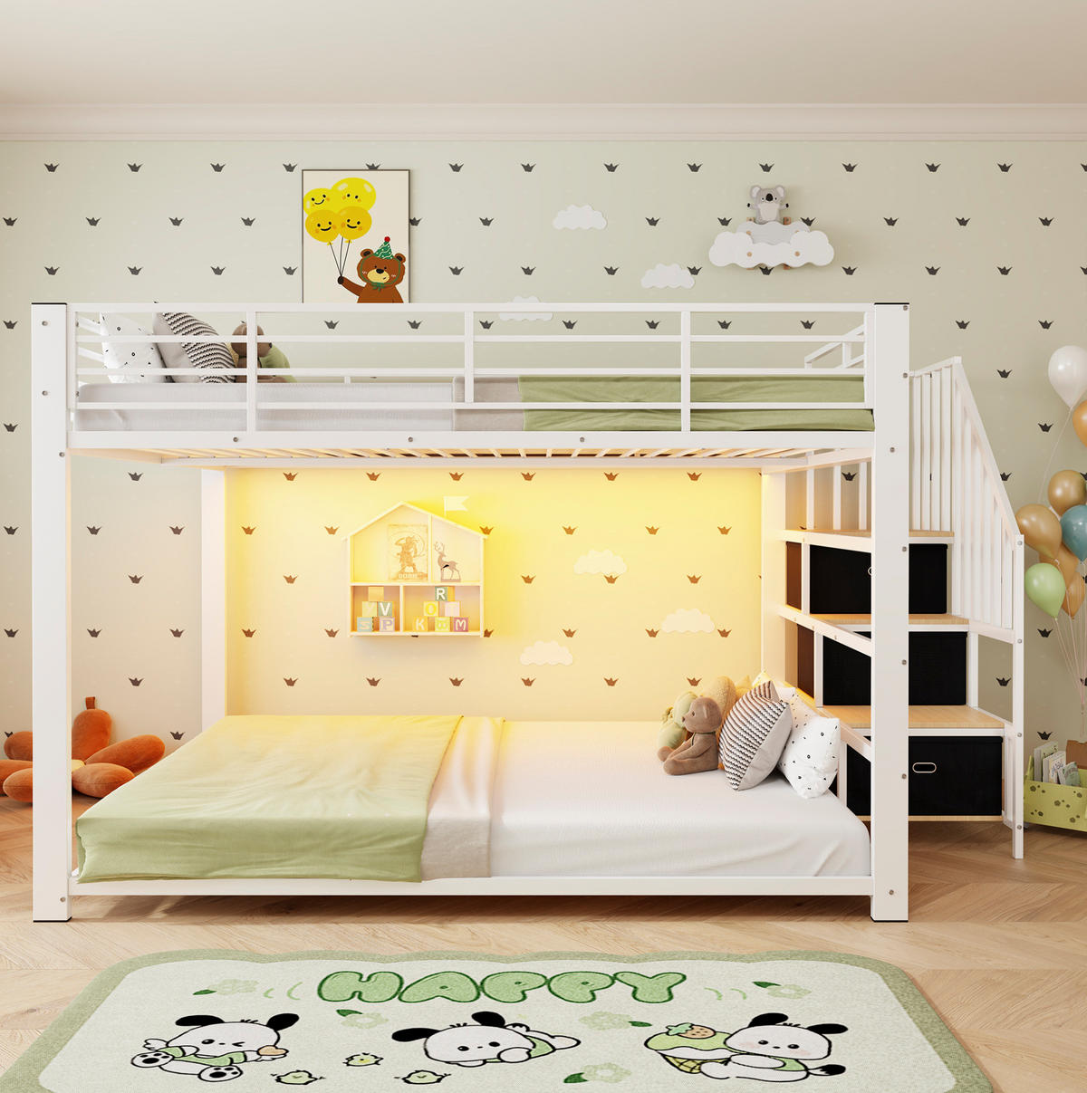 ETAGENBETT aus MDF und Metall 140x200 cm Weiß/Walnuss mit Stauraumtreppe, LED und USB-Anschlüssen - Weiß, Holzwerkstoff (140/200cm) - Modfu