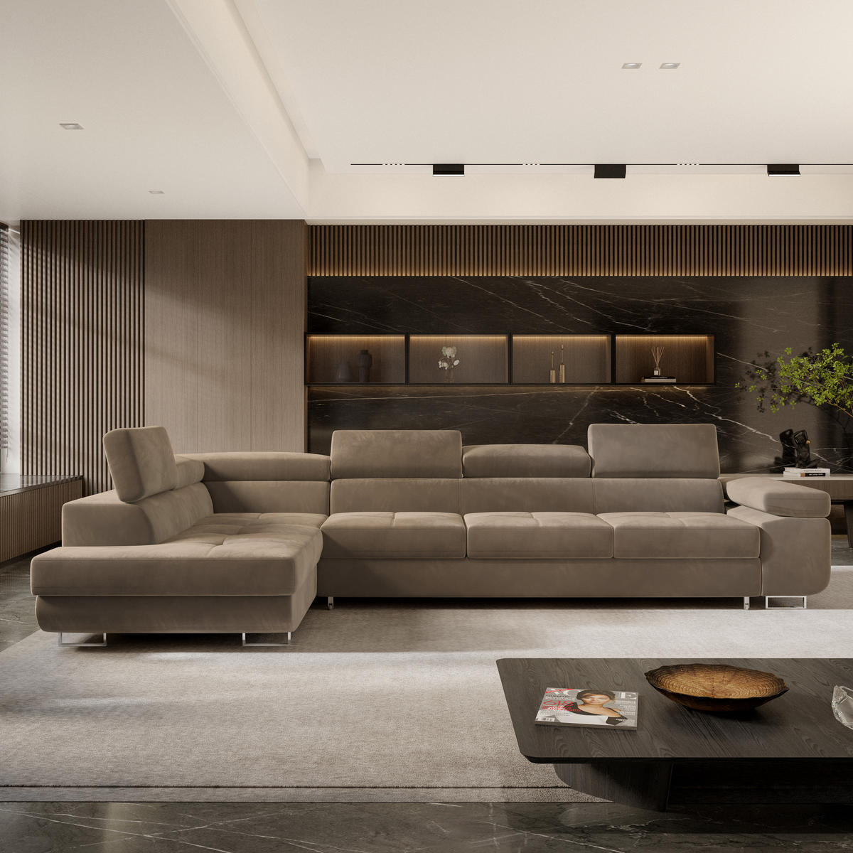 ECKSOFA VICENTE Beige Velours-Stoff mit Schlaffunktion - Beige, Holz (346/202cm) - MASSENO