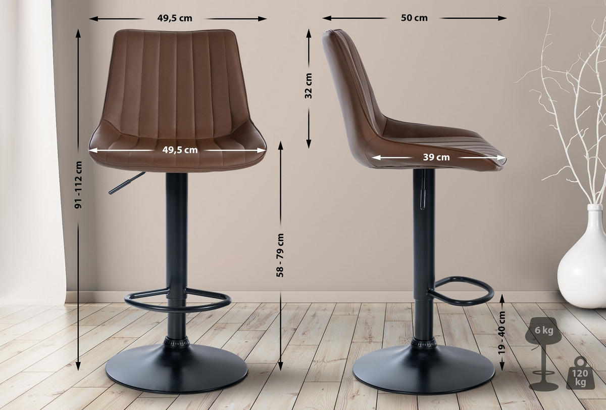 BARHOCKER 2er Set Lederlook braun - Braun, Textil/Metall (49.5/91/50cm) - CLP
