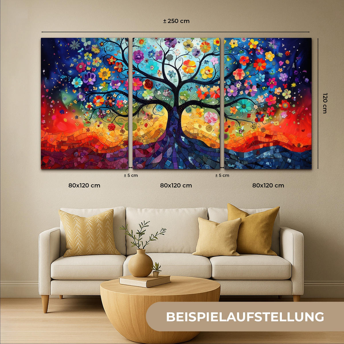 LEINWANDBILD 3er Set Bunt - Baum des Lebens - Blumen - Abstrakt 240x120 cm - Blau, Textil (240/120cm) - MuchoWow