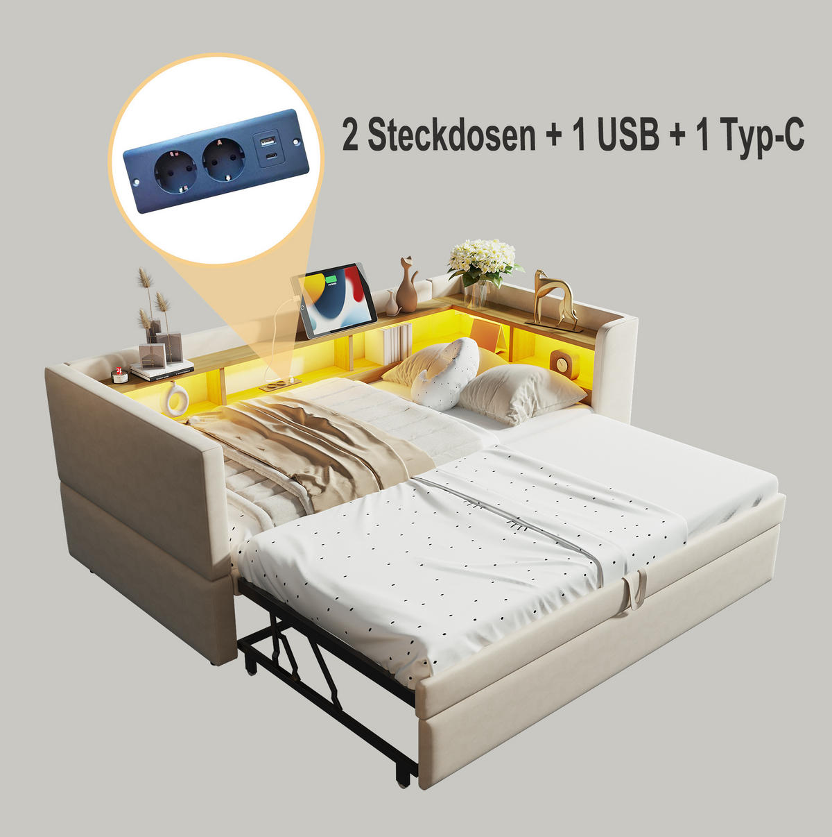 OBLAZINJENA postelja iz žameta, 160/200 cm bež, z vzmetnico, LED-osvetlitvijo in shranjevalnim prostorom - bež, tekstil (160/200cm) - Modenvie