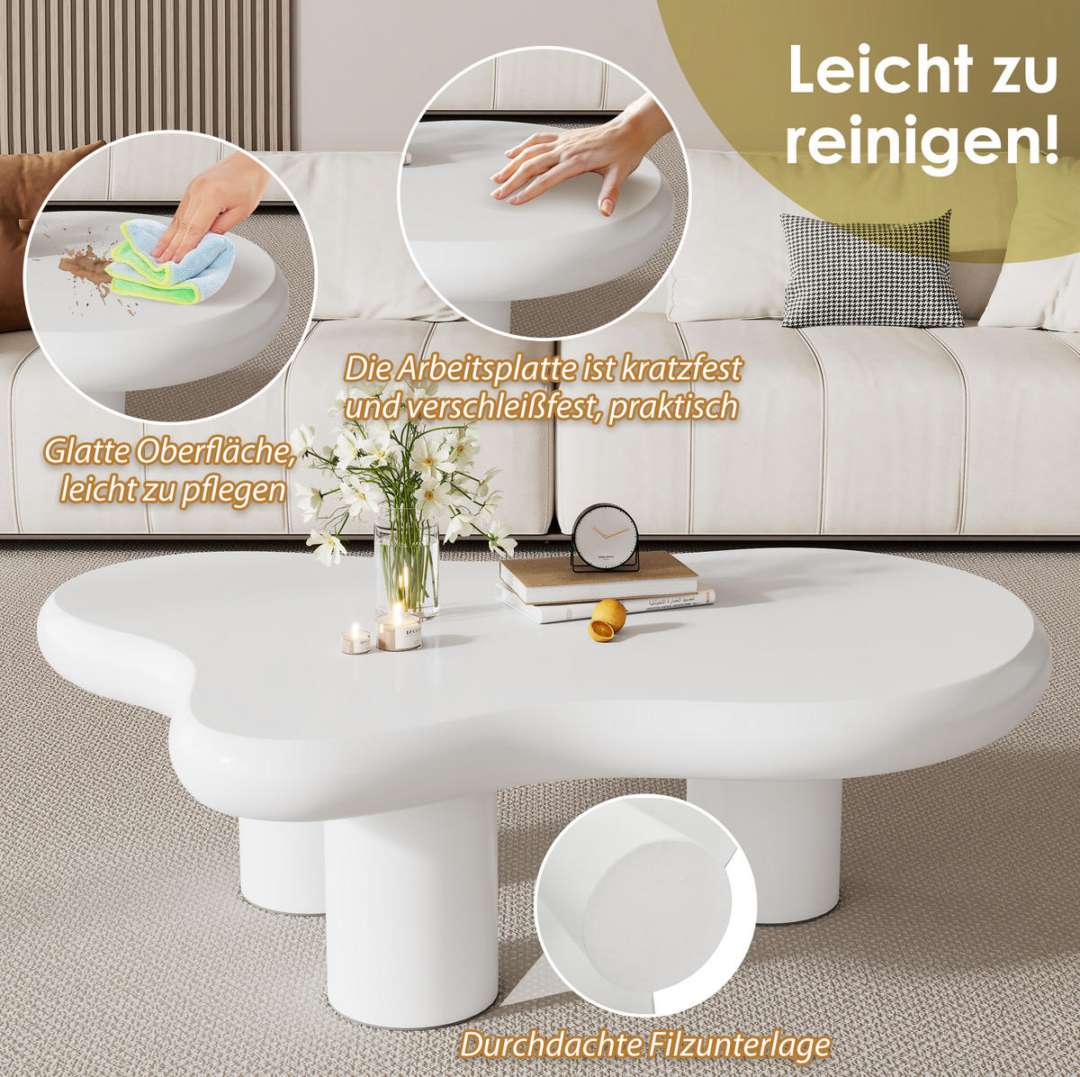 COUCHTISCH, Wolkenform, lackiertes MDF, weiß – kreatives, leichtes Design, Filzunterlagen, 97/67/32 cm,weiß - Weiß, Holzwerkstoff (67/97/32cm) - Redom