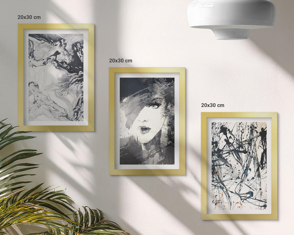 WANDBILDER 3er Set - 20x30 cm Goldrahmen - Abstrakte schwarz-weiße Muster - Goldfarben, Kunststoff (20/30cm) - ArtPrintCave