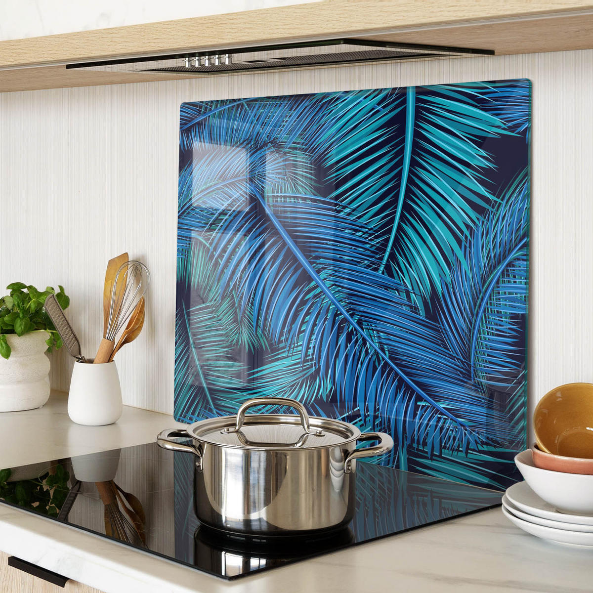 GLASPLATTE 60x52 cm Palmblätter - Blau, Glas (60/0.4/52cm) - TULUP