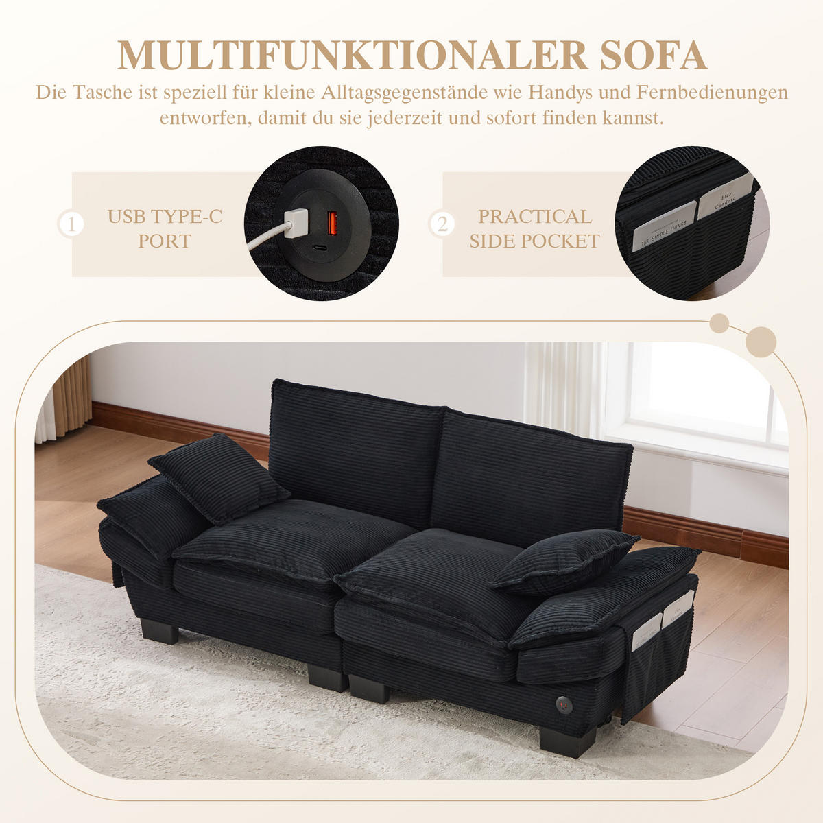 2-SITZER SOFA Cord Schwarz mit USB-C und Seitentaschen - Schwarz, Holzwerkstoff/Kunststoff (190/84/73cm) - WISHDOR