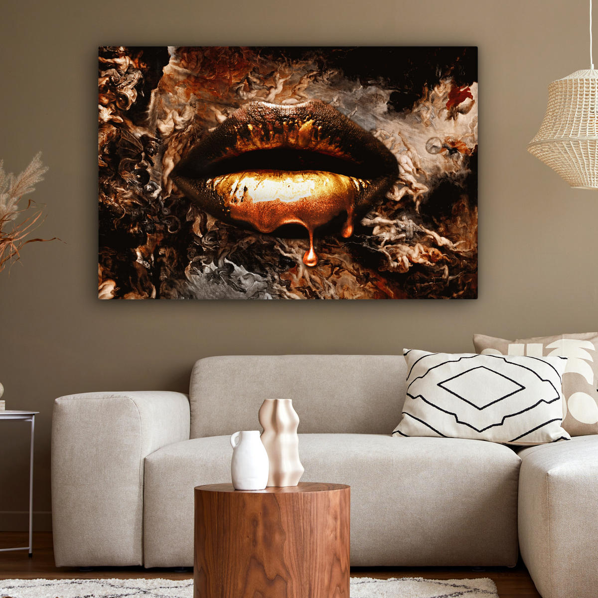 LEINWANDBILD Gold - Lippen - Kunst - Gold - Luxus - Abstrakt Wohnzimmer 120x80 cm - Bronzefarben, Textil (120/80cm) - MuchoWow