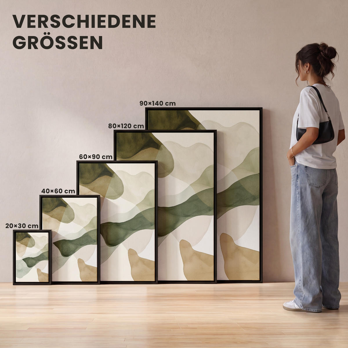 LEINWAND Bilder mit Rahmen - Japandi - Abstrakt - Grün - 40x60 - Salbeigrün, Textil (40/60cm) - MuchoWow