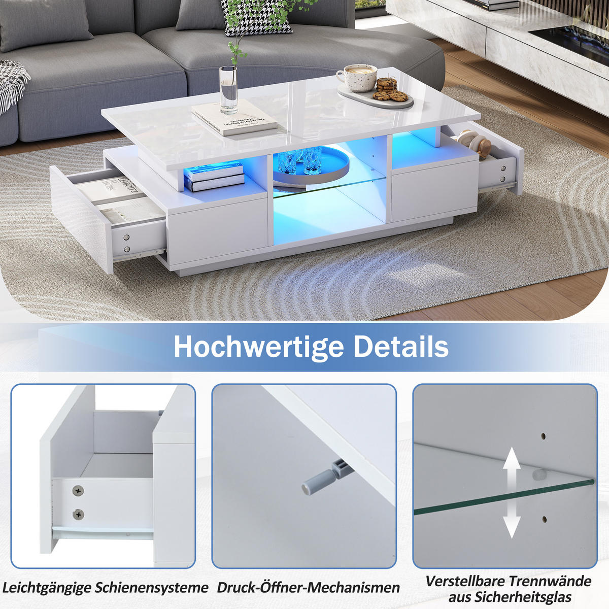 COUCHTISCH in Weiß Kaffeetisch mit 2 Schubladen, LED & Glas, offener Stauraum, Hochglanz Sofatisch, B100/T50/H36cm - Weiß, Holzwerkstoff/Metall (50/100/36cm) - STILVORA