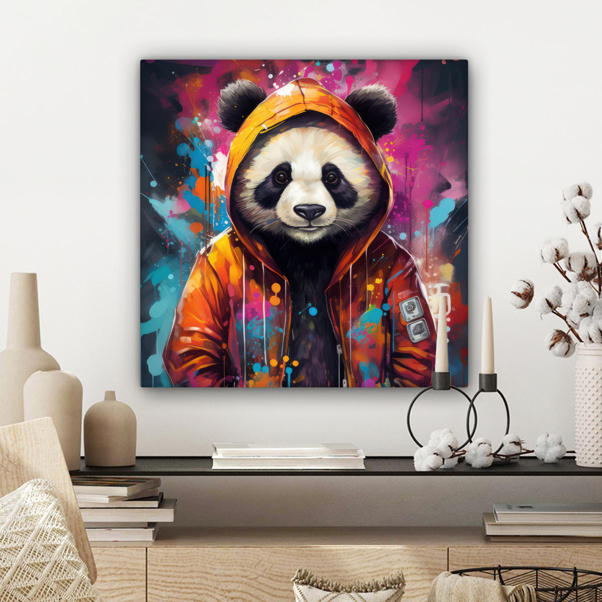 LEINWANDBILD Panda - Jacke - Graffiti - Orange Wandbild Wohnzimmer 50x50 cm - Orange, Textil (50/50cm) - MuchoWow
