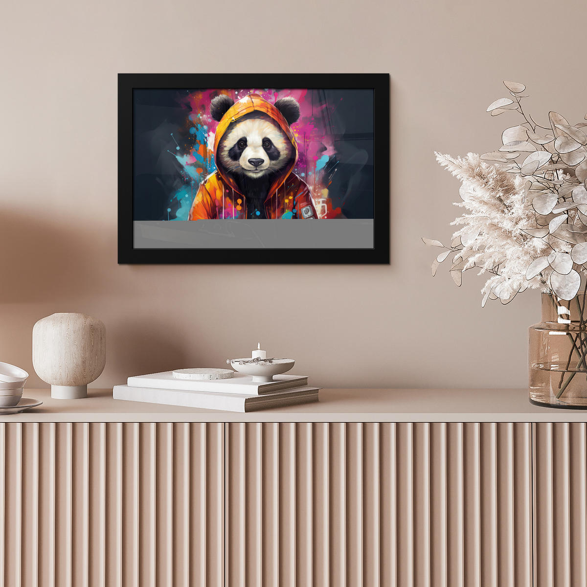 POSTER MIT RAHMENGERAHMTES BILD Panda - Jacke - Graffiti - Orange 30x20 cm - Orange, Papier (30/20cm) - MuchoWow