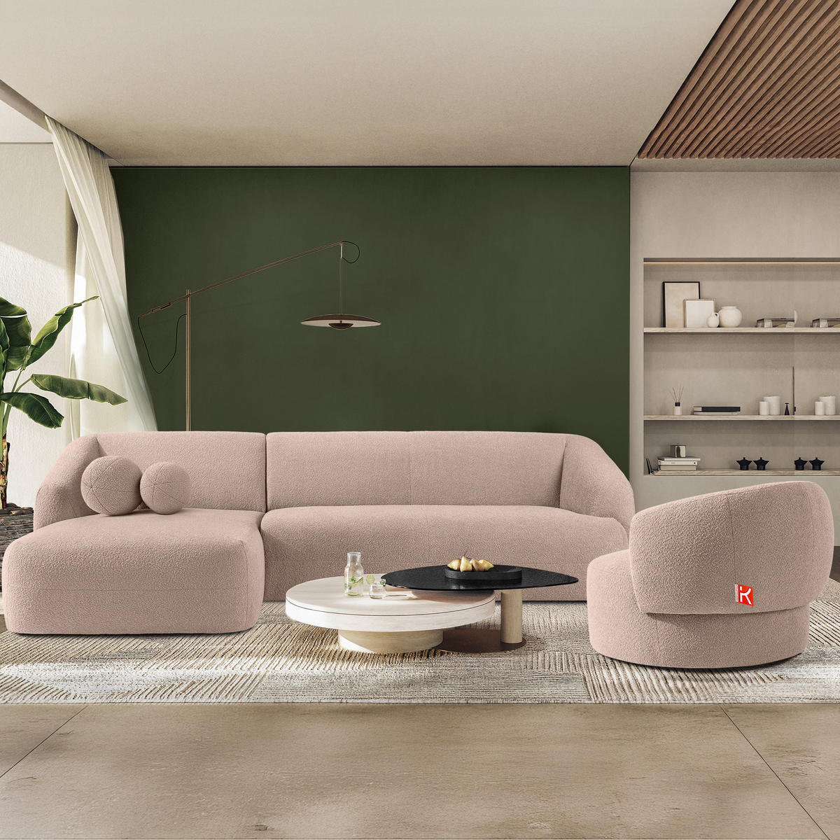 ECKSOFA LINKS VIRA, Rosa, Bouclé - Pink/Schwarz, Holz/Holzwerkstoff (300/160cm) - KONSIMO®