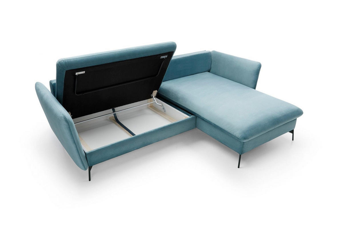 ECKSOFA FERRO Blau Velours-Stoff mit Schlaffunktion - Blau, Holz (258/167cm) - MASSENO