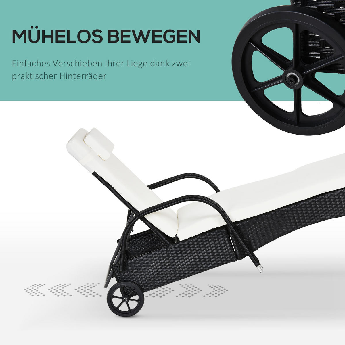 SONNENLIEGE, Polyrattan+Metall, Schwarz - Multicolor, Kunststoff (73/103/200cm) - Outsunny