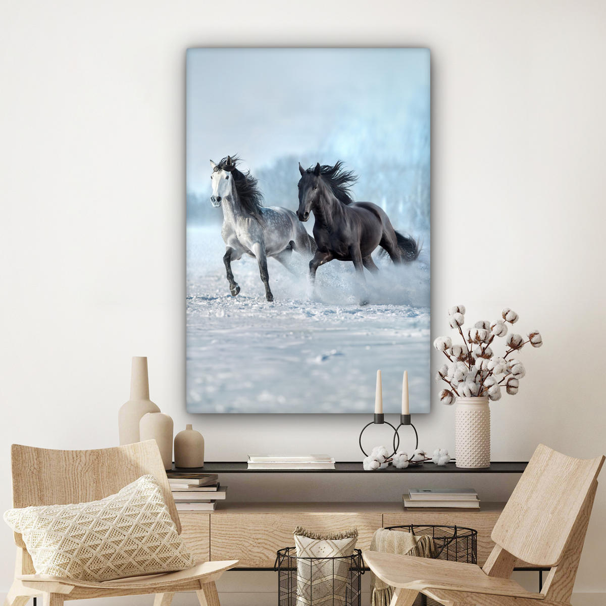 LEINWANDBILD Pferde - Winter - Tiere - Natur - Schnee Deko Groß 90x140 cm - Anthrazit, Textil (90/140cm) - MuchoWow