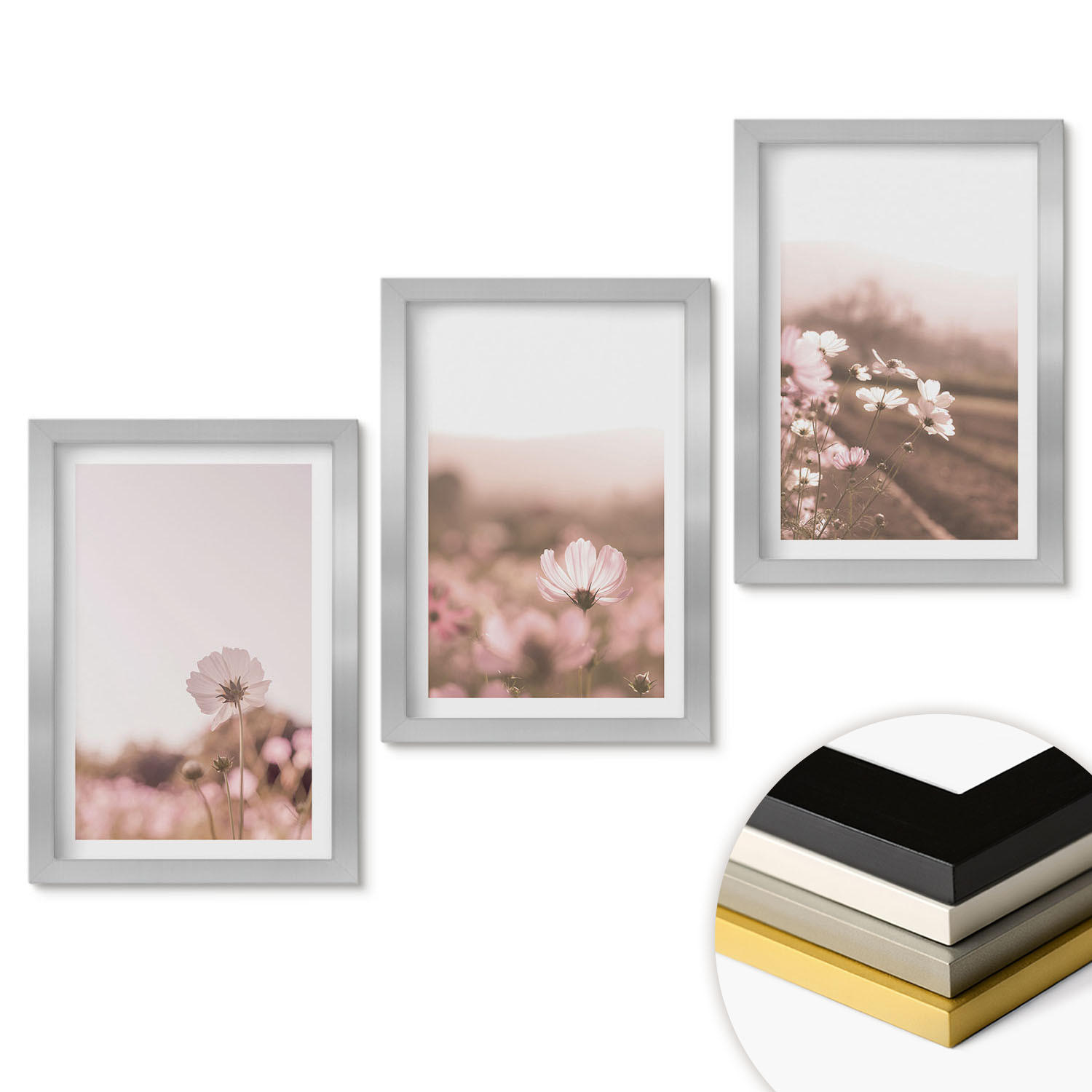 WANDBILDER 3er Set - 20x30 cm Silberner Rahmen - Sommerlandschaften mit Wildblumenwiesen - Silberfarben, Kunststoff (20/30cm) - ArtPrintCave