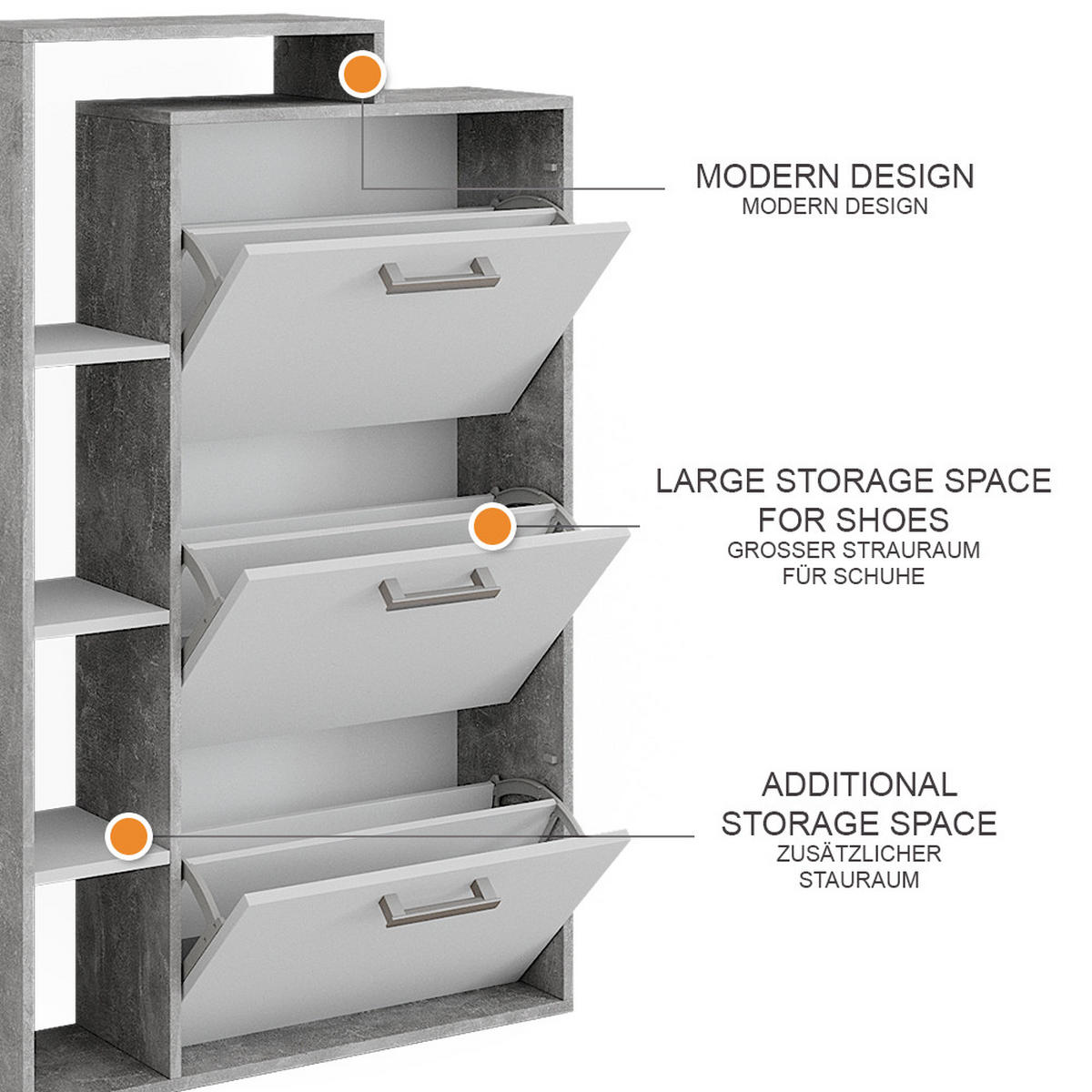 SCHUHKOMMODE Orlando Beton 80 x 128.3 cm mit 3 Fächern - Schieferfarben/Weiß, Holzwerkstoff (80/128.3/24.2cm) - Vicco