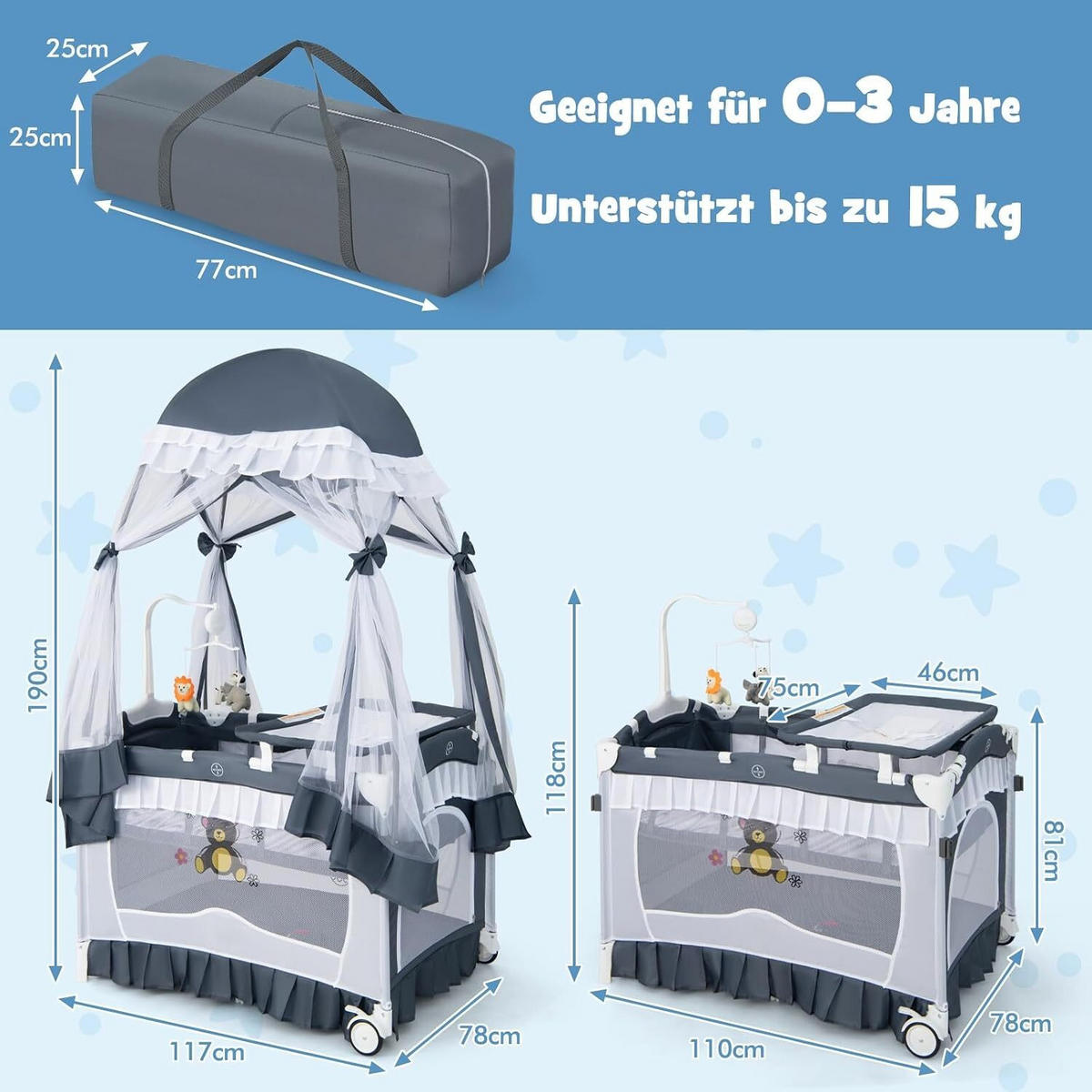 BABYBETT mit abnehmbarem Baldachin grau - Grau, Textil - COSTWAY