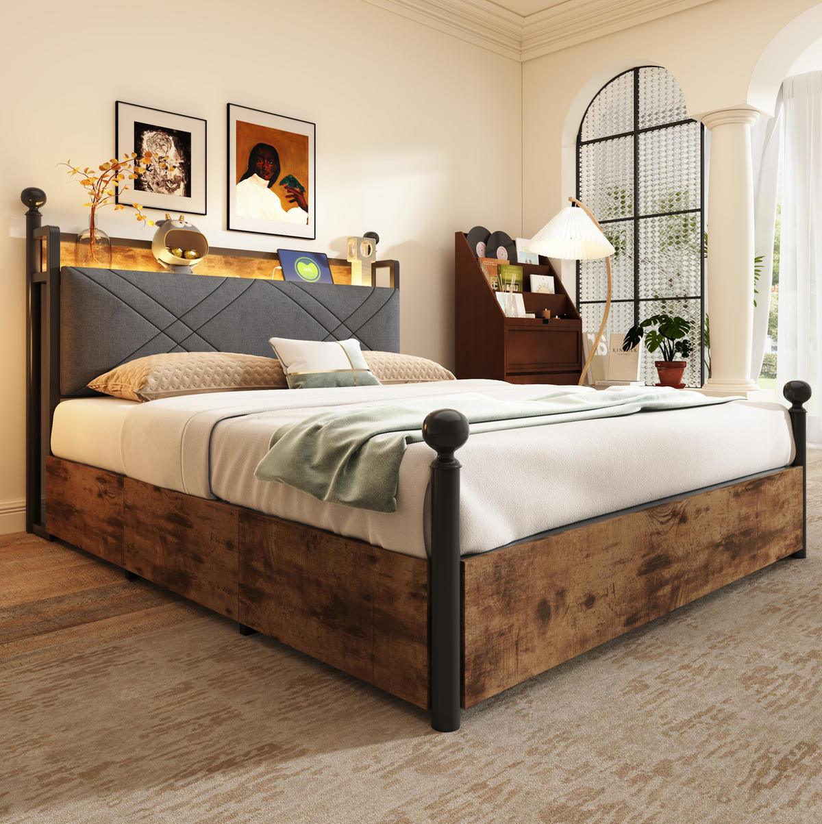 METALLBETT aus Metall 140x190 cm Schwarz mit LED-Beleuchtung, USB/Type-C und Stauraum - Schwarz, Metall (140/190cm) - Modfu