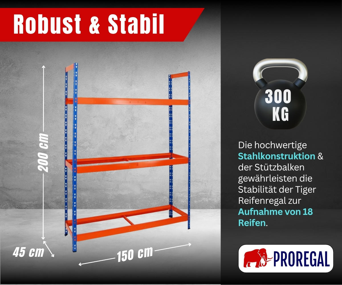 REIFENREGAL Tiger XL 200x150x45 cm 300 kg Fachlast bis zu 18 Reifen auf 3 Ebenen Blau/Orange - Blau/Orange, Metall (150/200/45cm) - PROREGAL