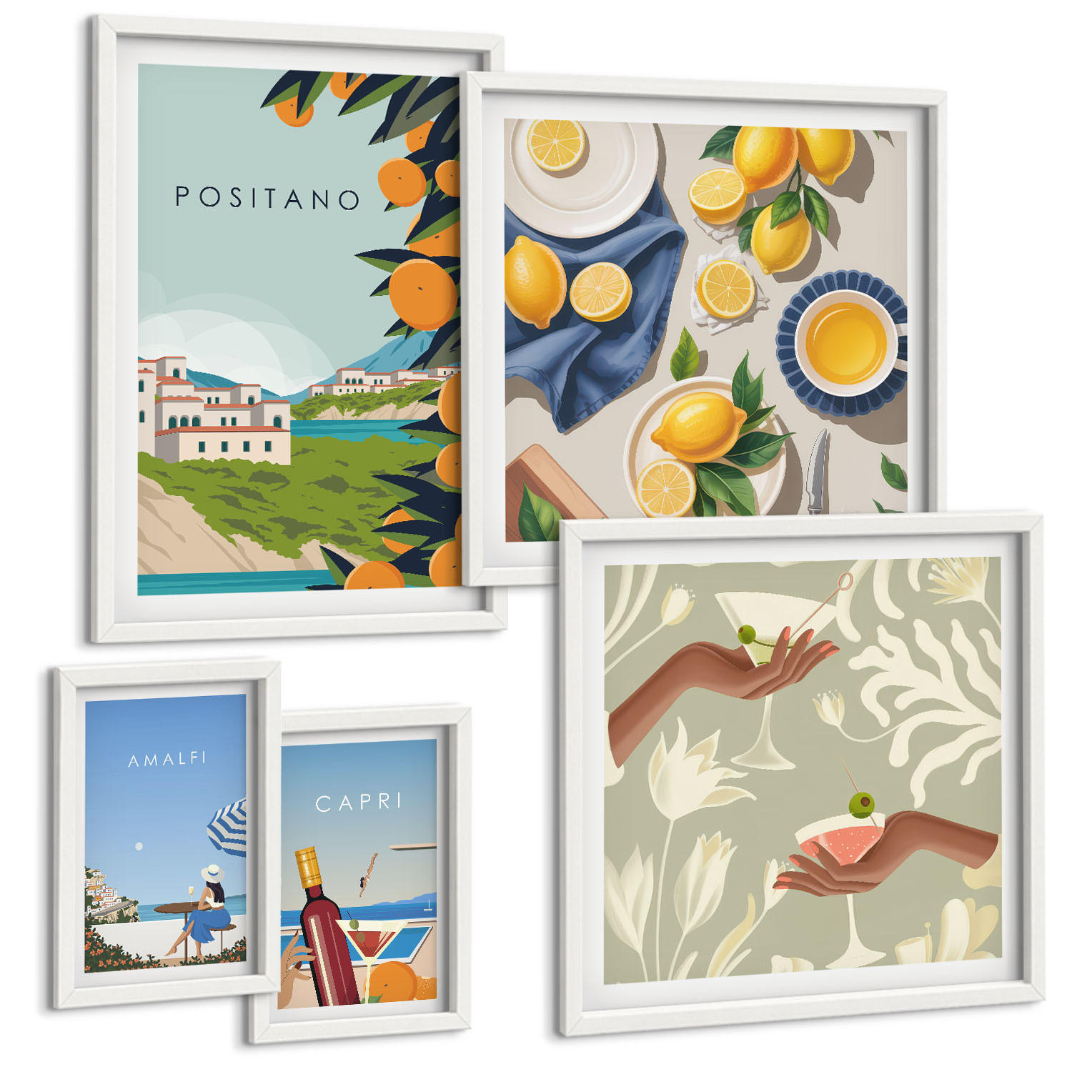 BILDER SET 5er Set - 50x50 cm & 20x30 cm & 40x60 cm Weißer Rahmen - Fruchtmuster und italienische Kultur - Weiß, Kunststoff (40/60cm) - TULUP