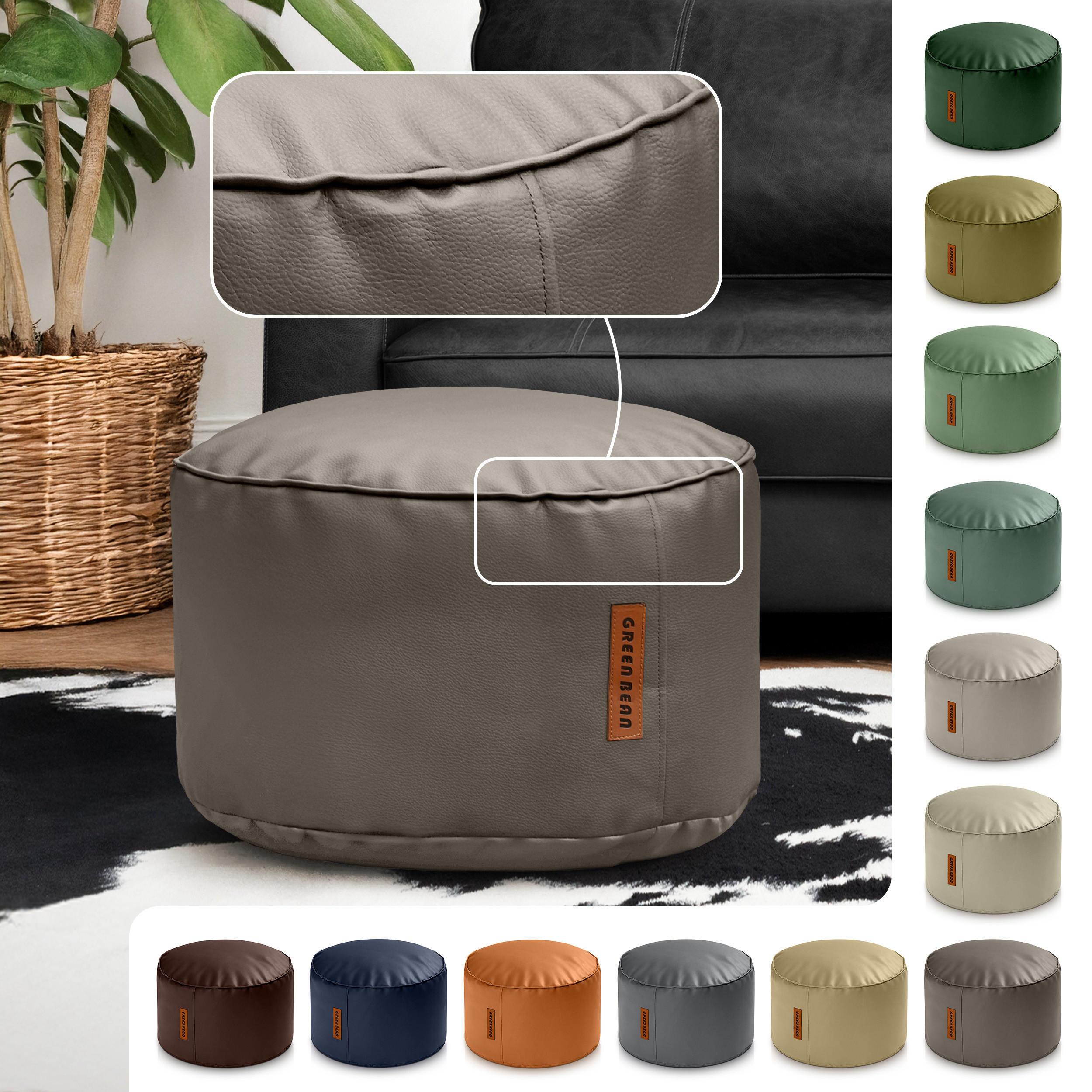 INDOOR HOCKER Stay rund Kunstleder - Hellbraun, Textil (43/30/30cm) - Green Bean