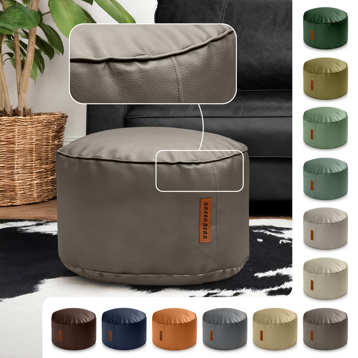 INDOOR HOCKER Stay rund Kunstleder - Hellbraun/Cappuccino, Textil (43/30/30cm) - Green Bean