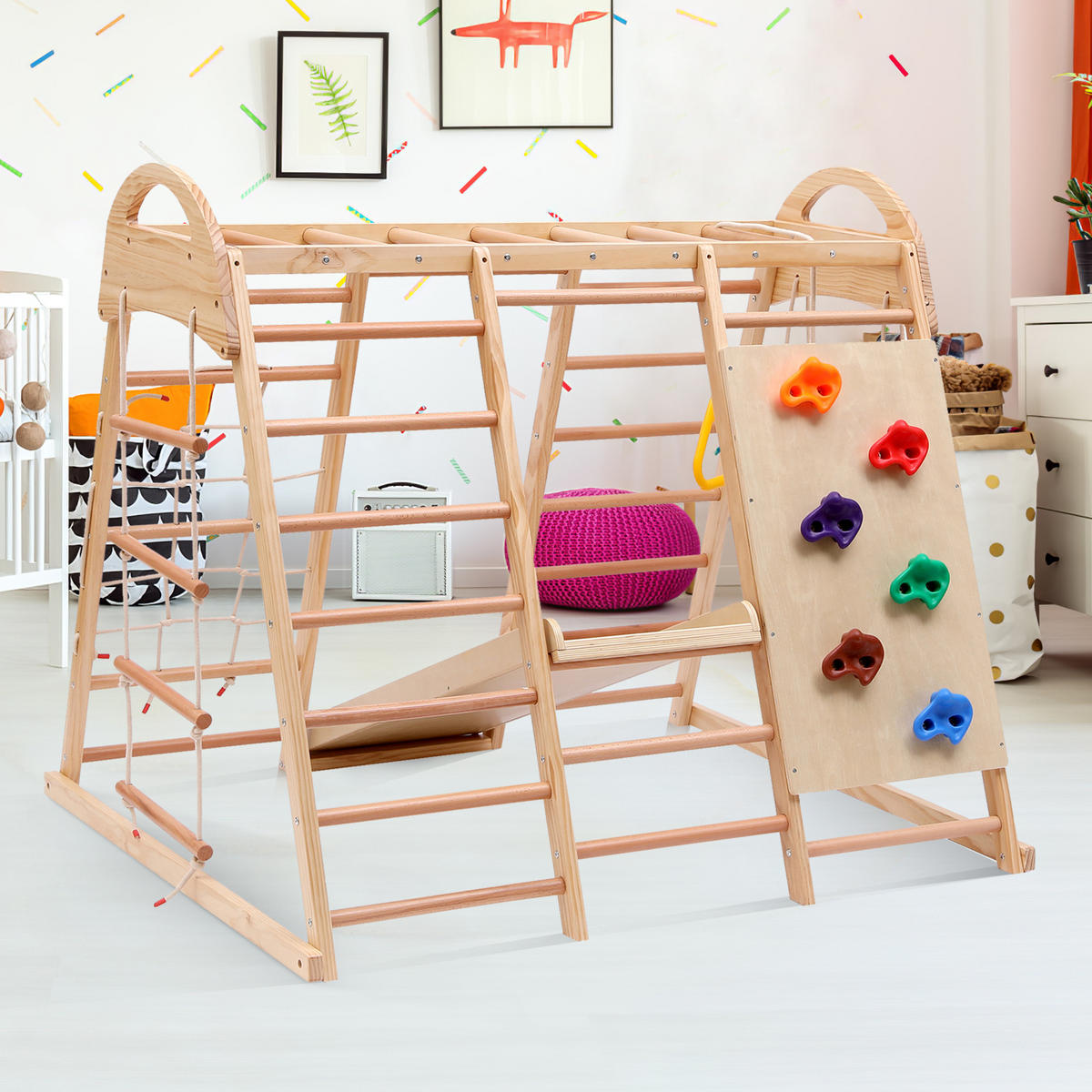 KLETTERGERÜST 7in1 Kinder Holz Rutsche Schaukel - Naturfarben, Holz (134/120cm) - Fortuna Lai
