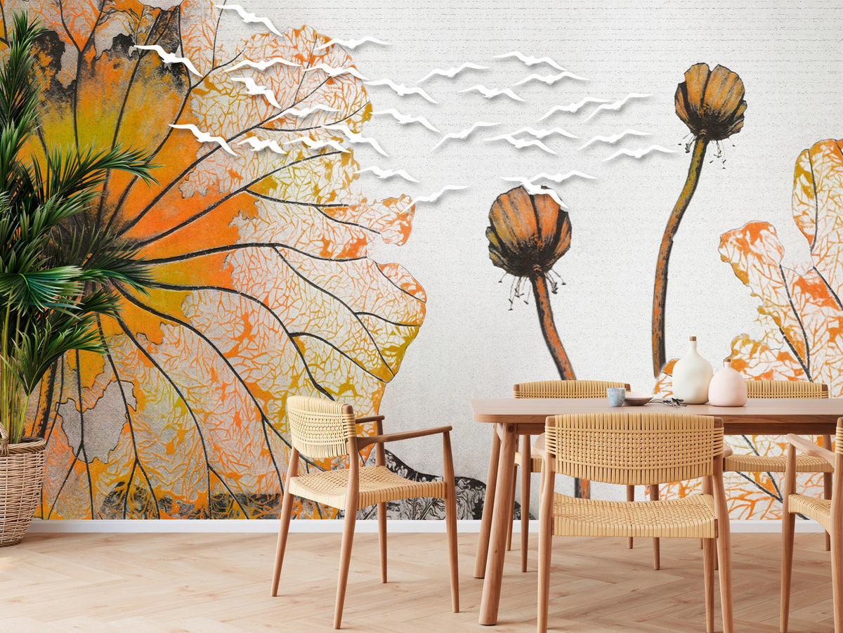 FOTOTAPETE für Esszimmer Große Abstrakte Orange Blumen Blätter 100x70 - Gelb/Orange, Papier (100/70cm) - Muralo