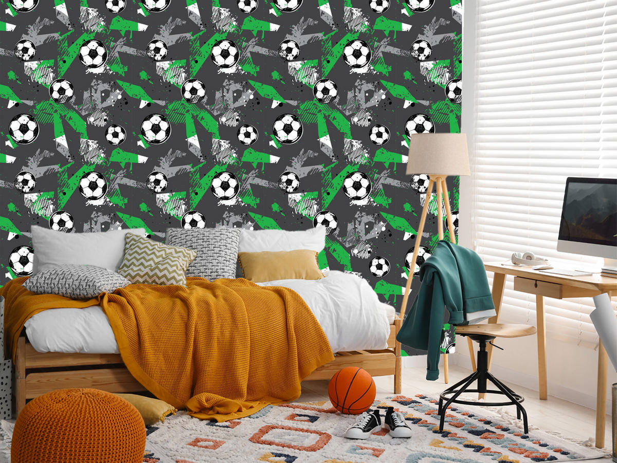 VLIESTAPETE Abstraktes Fußball-Graffiti – Grün, Grau, Schwarz – 50x1000 cm - Schwarz/Grau, Papier (50/1000cm) - Muralo