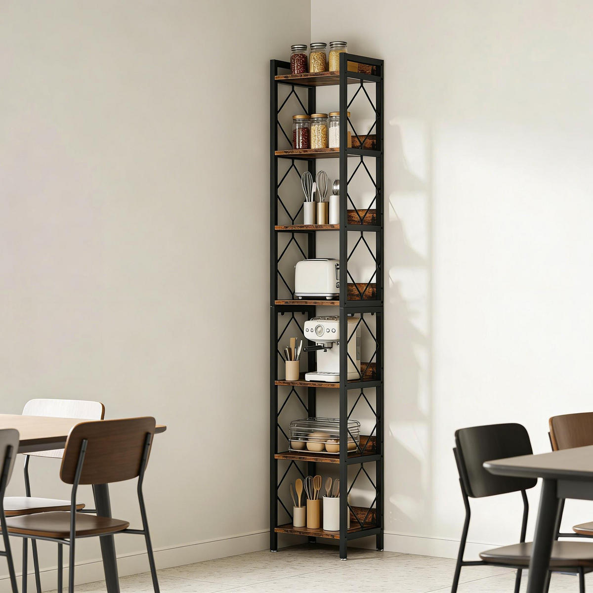 BÜCHERREGAL Schwarz/Braun 7 offene Fächer 35/35/200 cm - Schwarz, Metall (35/200/35cm) - PANGIVO