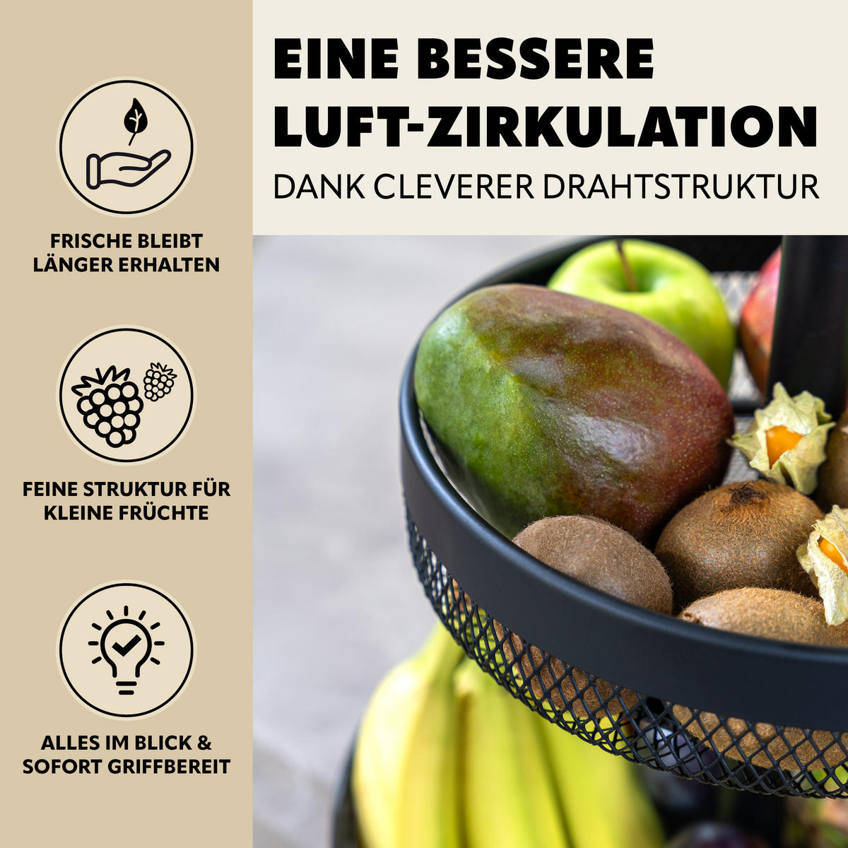 OBSTETAGERE rund, 3-stöckig, Ø 20 cm, 25 cm und 30 cm, schwarz, Metall - Schwarz, Metall (42cm) - eluno