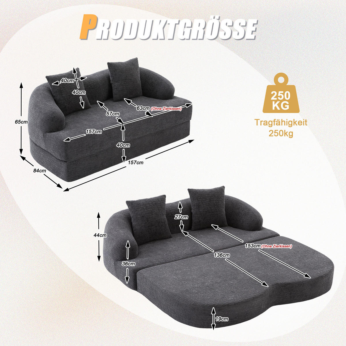 SCHLAFSOFA, 2 Sitzer aus Chenille, Klappsofa Bodensofa mit Schlaffunktion, Dunkelgrau - Dunkelgrau, Textil (157/44/153cm) - LVHOM
