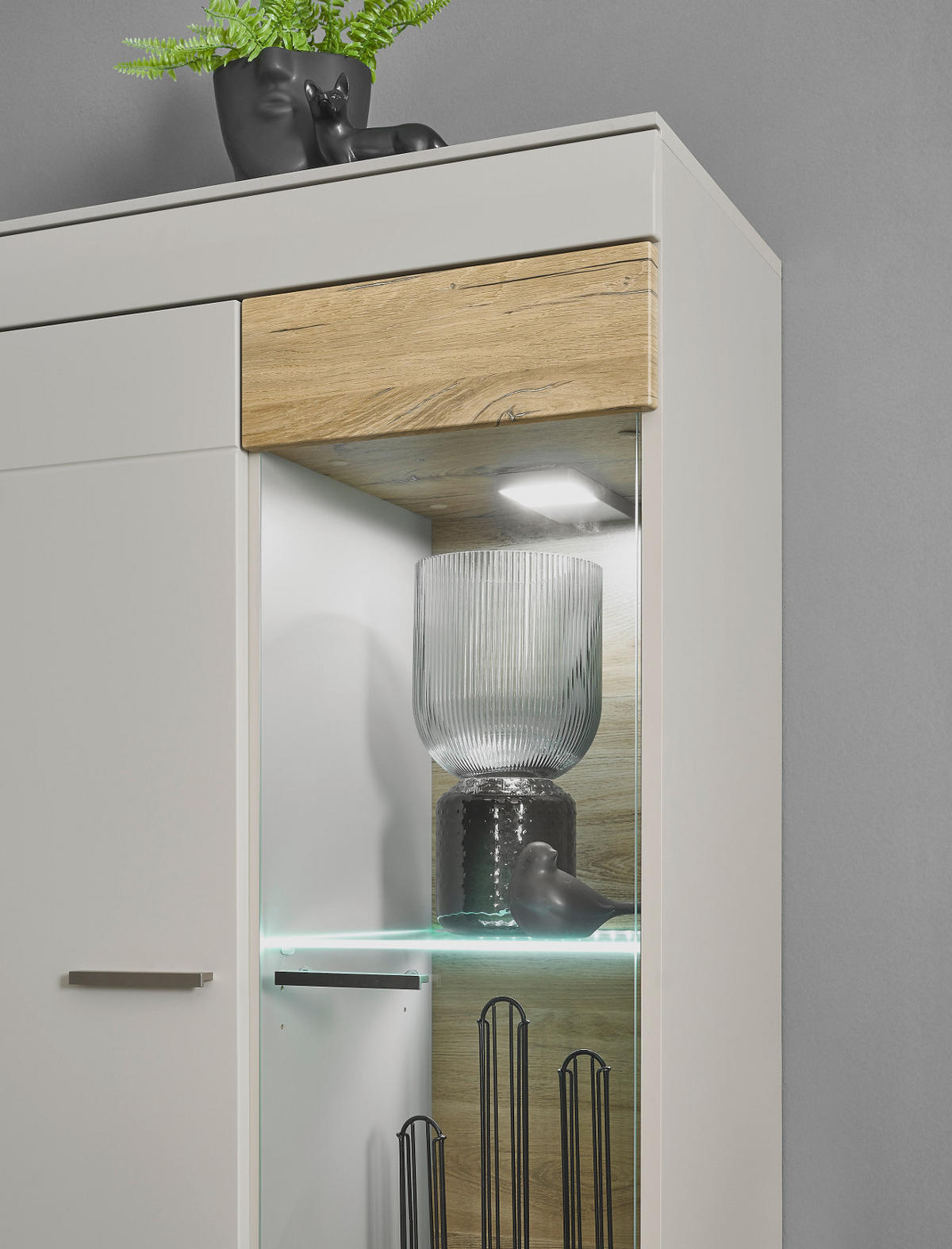 EX WOHNWAND grau matt, Zinneiche 3-teilig 250 cm, Komplettset mit Soft-Close - Eichefarben/Silberfarben, Glas/Holzwerkstoff (250/170/45cm) - Furn.Design