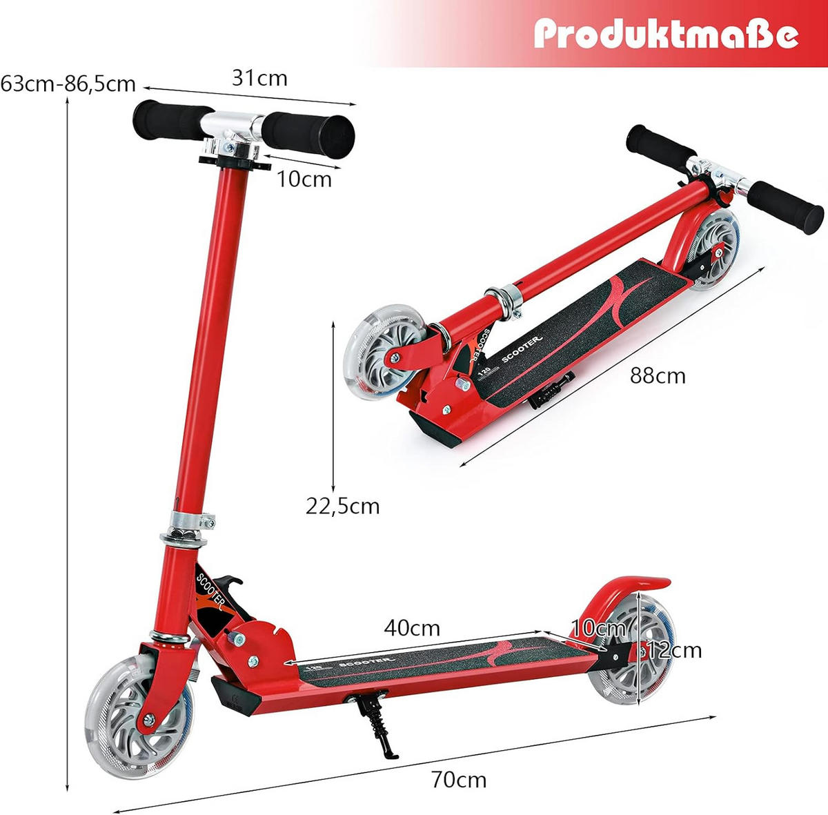 SCOOTER 85cm Rot - Rot, Metall (10/85/70cm) - COSTWAY