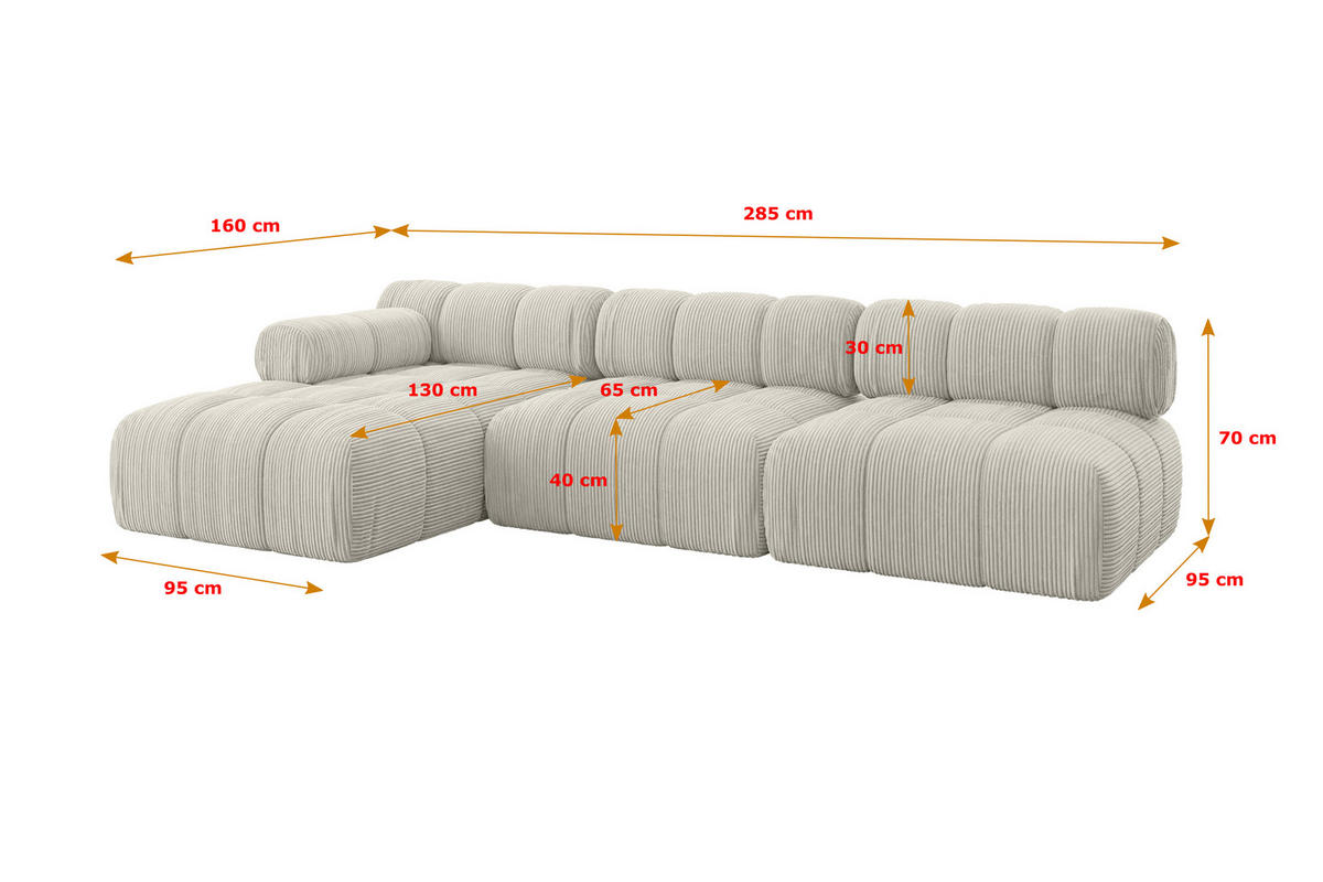ECKSOFA modulares Sofa Razon-L2 - 285x160x70 cm Creme Cord - Hellgrau/Creme, Holzwerkstoff/Textil (285/160cm) - ALTDECOR