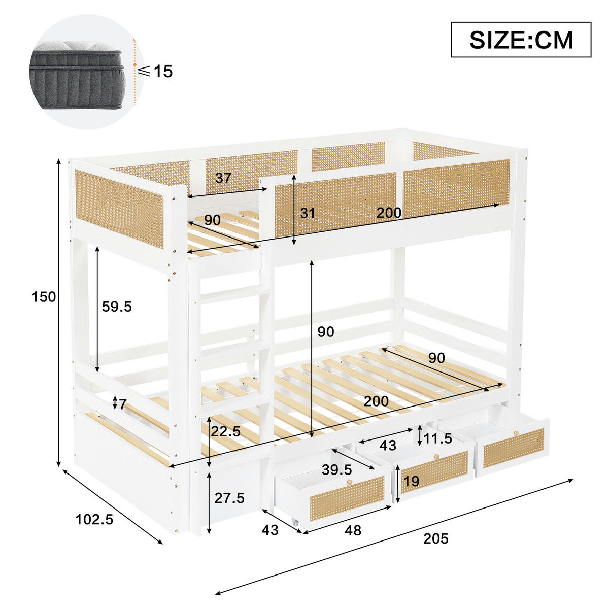 ETAGENBETT 90/200 cm in Weiß & Natur mit 3 Schubladen - Weiß, Holz/Holzwerkstoff (90/200cm) - WISHDOR
