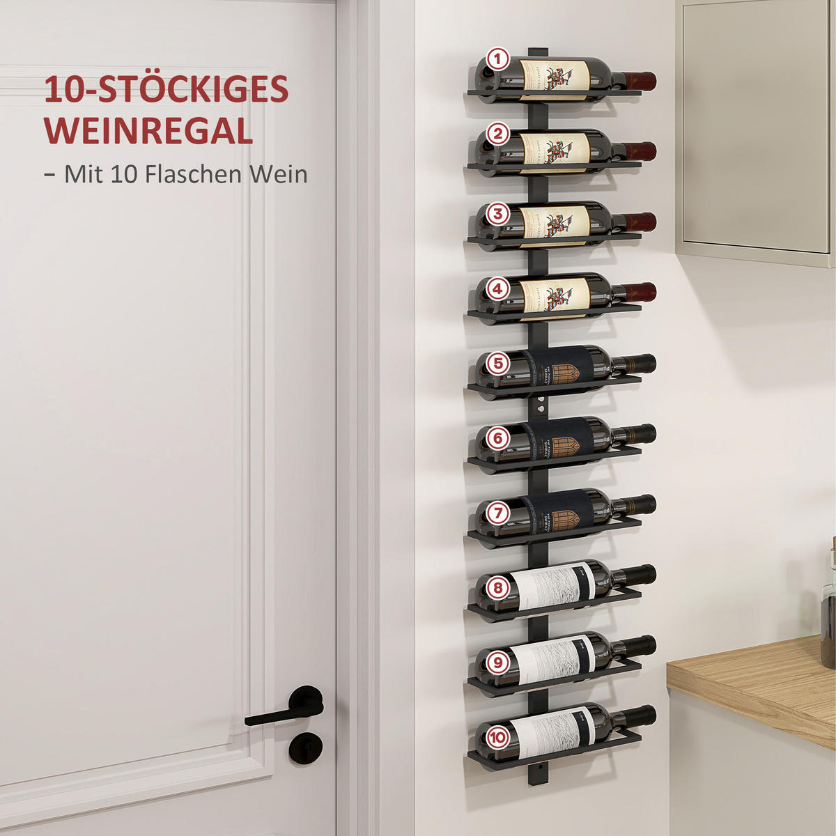 WEINREGAL Flaschenregal zur Wandmontage für 10 Weinflaschen, Stahl Schwarz - Schwarz, Metall (10/116/27cm) - HOMCOM
