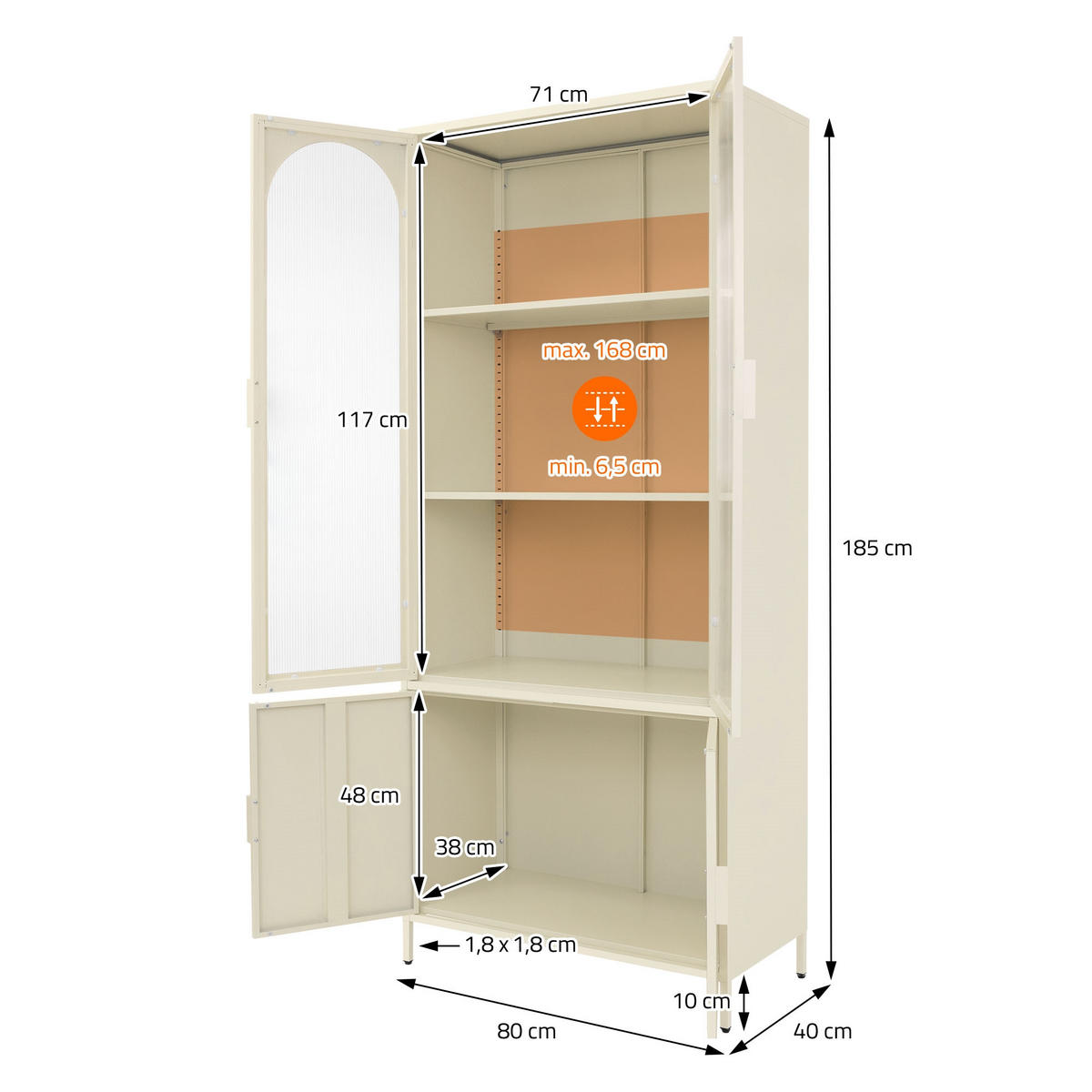 VITRINENSCHRANK 80x185x40 cm Creme aus Stahl mit 4 Türen - Beige, Metall (80/185/40cm) - ML-DESIGN