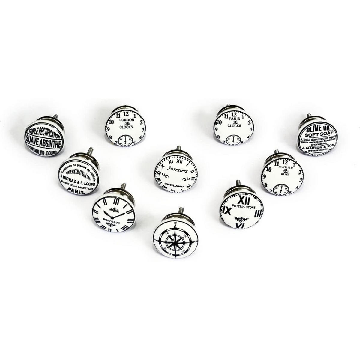 KERAMIKKNÖPFEN Set mit 10 mit verschiedenen Vintage-Uhrenmotiven 40 mm Durchmesser. - Weiß, Keramik (4/4/6.9cm) - Nacnic