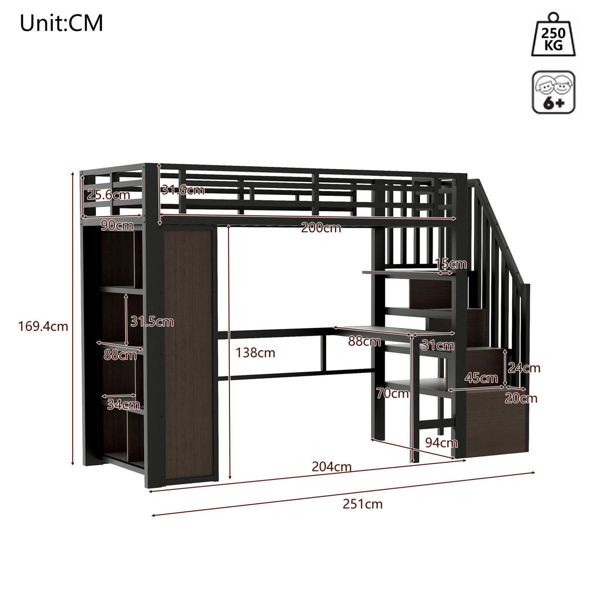 HOCHBETT 90/200 cm aus Metall/MDF mit Schreibtisch, Stauraumtreppe und LED-Lichtleiste Schwarz - Schwarz, Metall (90/200cm) - Modenvie