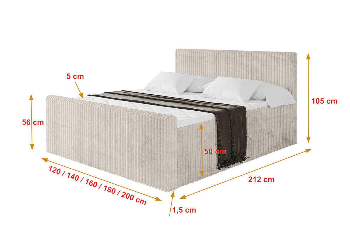 BOXBETT mit Matratze H3 und Lattenrost - TOLO-Z - 120x200 Cord - Creme - Creme, Holzwerkstoff (120/200cm) - ALTDECOR