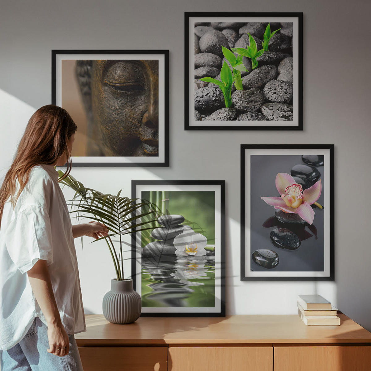 BILDER SET 4er Set - 50x50 cm & 40x60 cm Schwarzer Rahmen - Friedliche Zen-Blumen-Buddha-Komposition - Schwarz, Kunststoff (50/50cm) - TULUP