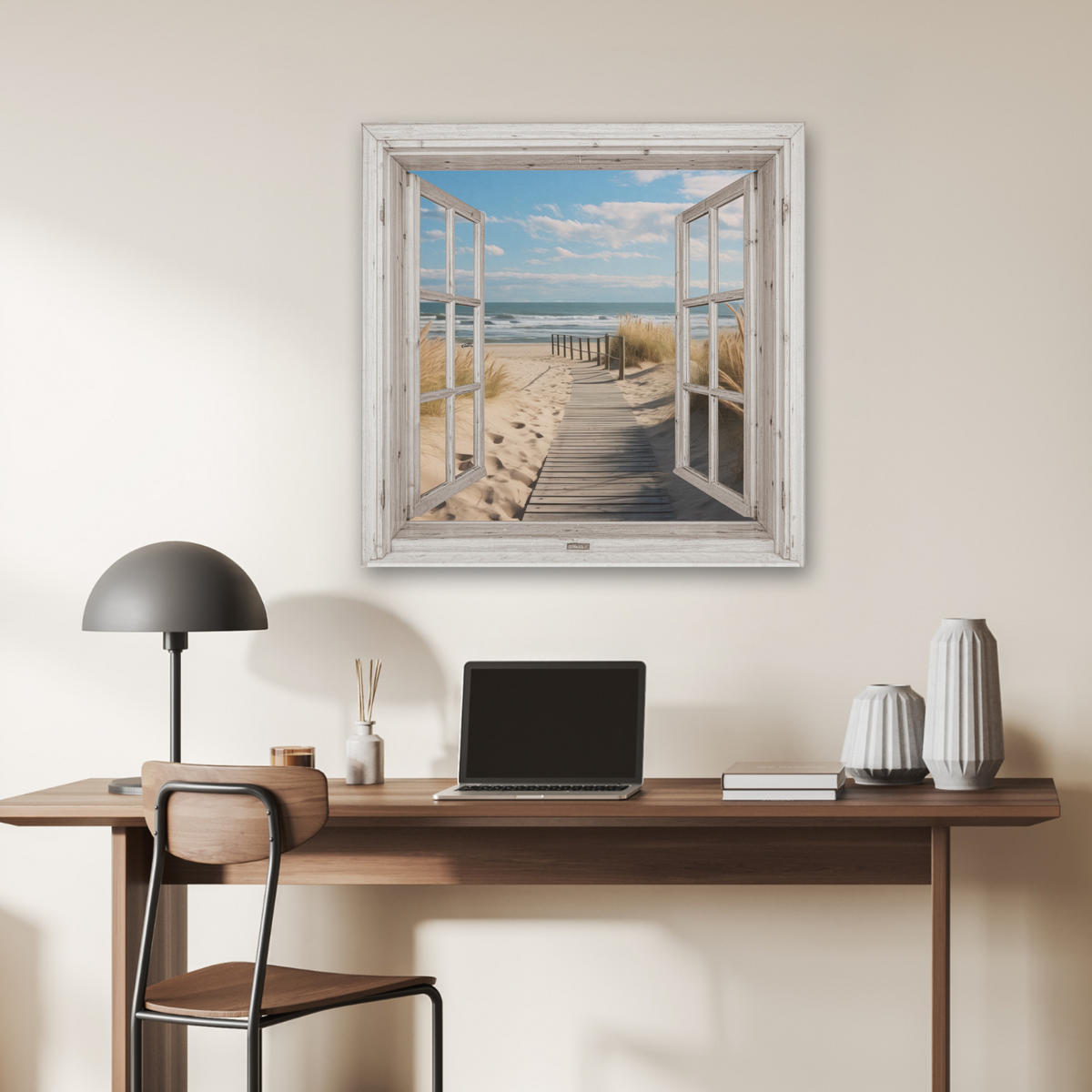 AKUSTIKBILD Fenster - Meer - Küste - Natur - Ausblick - Strand - Wattenmeer Akustikpaneele 80x80 cm - Beige, Kunststoff (80/80/0.9cm) - MuchoWow