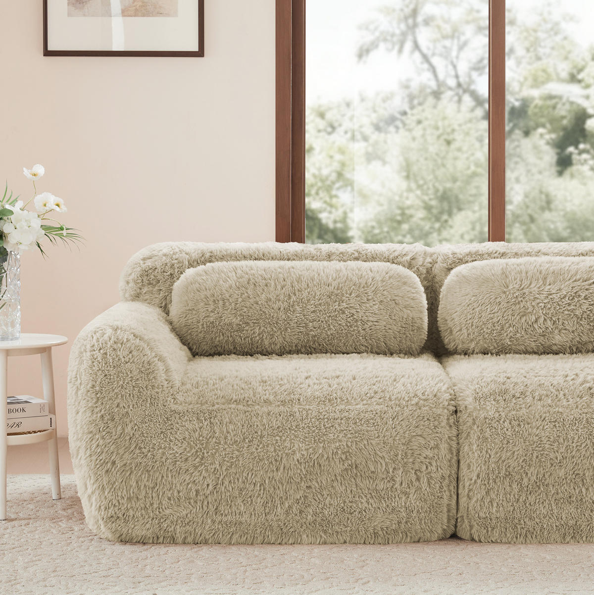 ECKSOFA modular mit rutschfester Basis Plüsch Hellkhaki - Beige, Kunststoff (104/73/291cm) - Meubliv