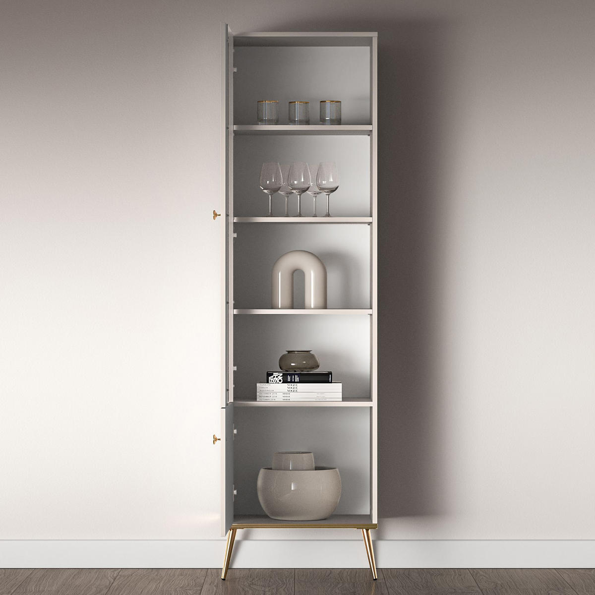 GLASVITRINE FRALIA,Creme - Creme, Glas/Holzwerkstoff (55/190/40cm) - KONSIMO®