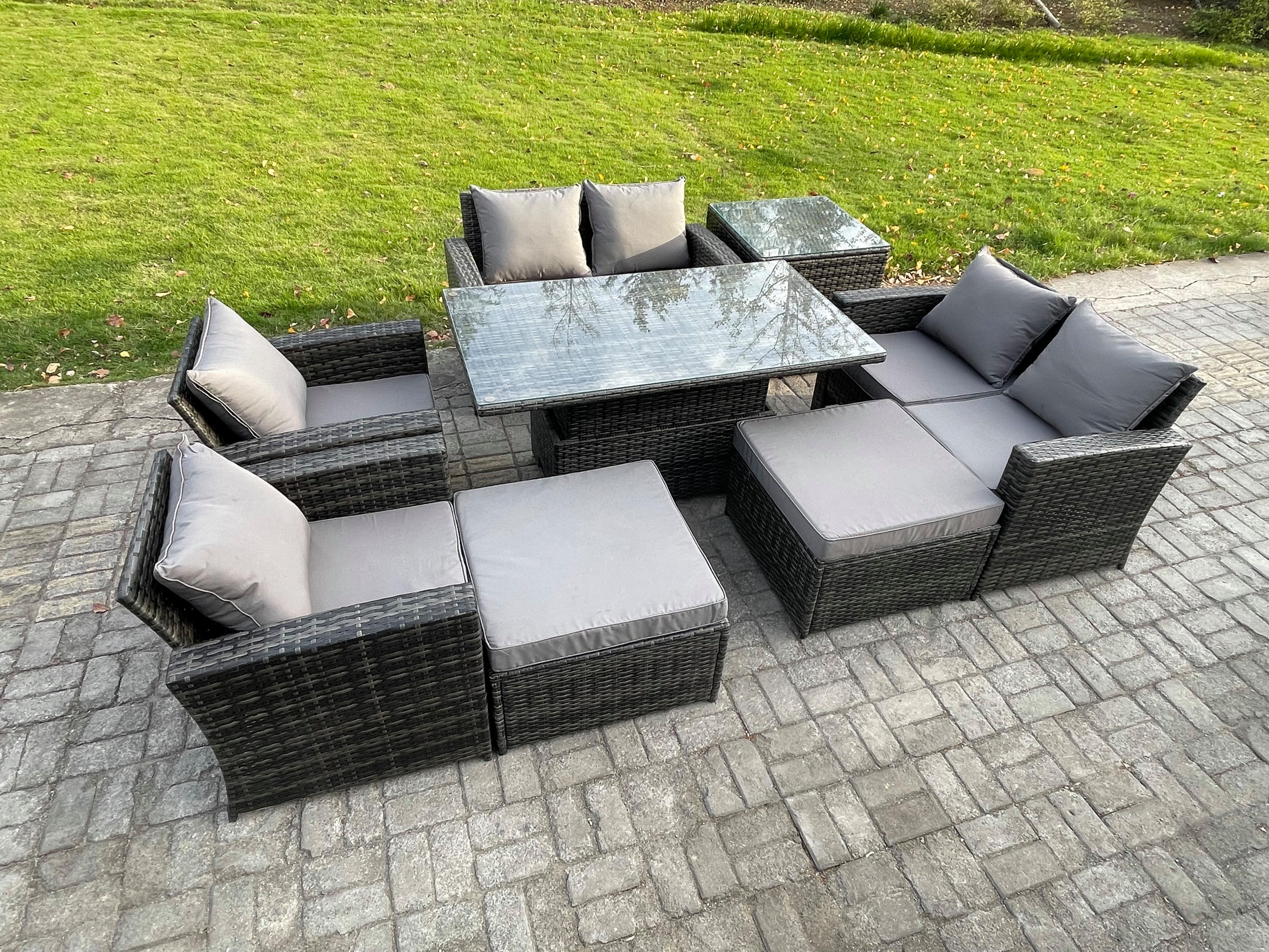 GARTENMÖBEL SET mit höhenverstellbarer Tisch Polyrattan Dunkelgrau 8-Sitzer - Dunkelgrau, Metall - Fimous
