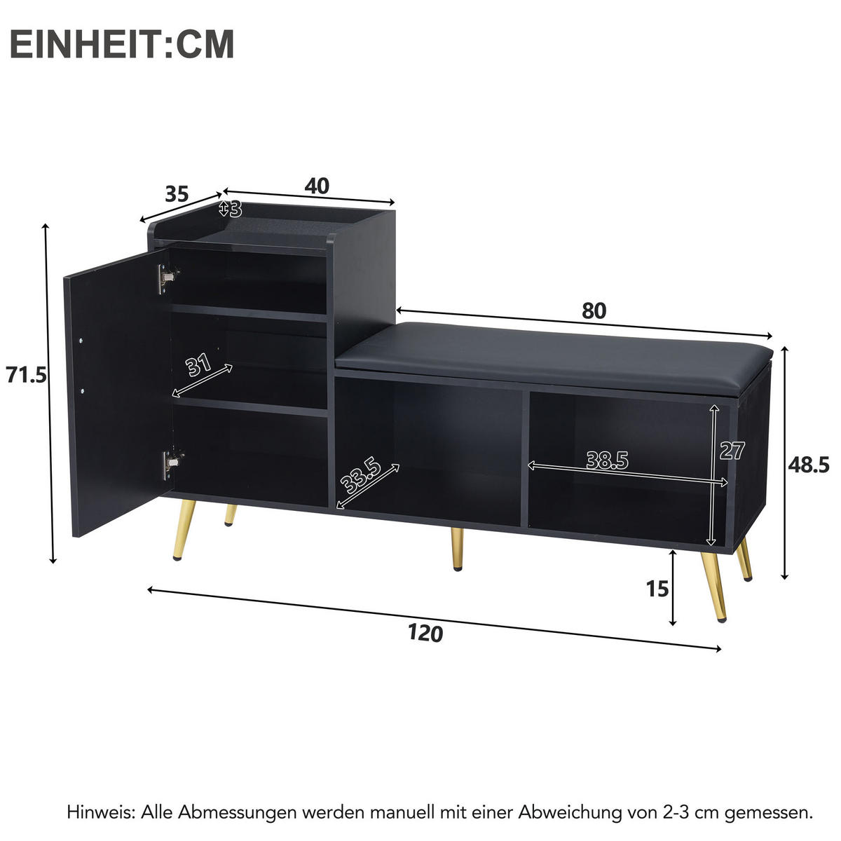 SCHUHSCHRANK Schwarz Gold Sitzbank Hochglanz Stauraum Flur - Schwarz, Holzwerkstoff (35/71.5/120cm) - FLIEKS