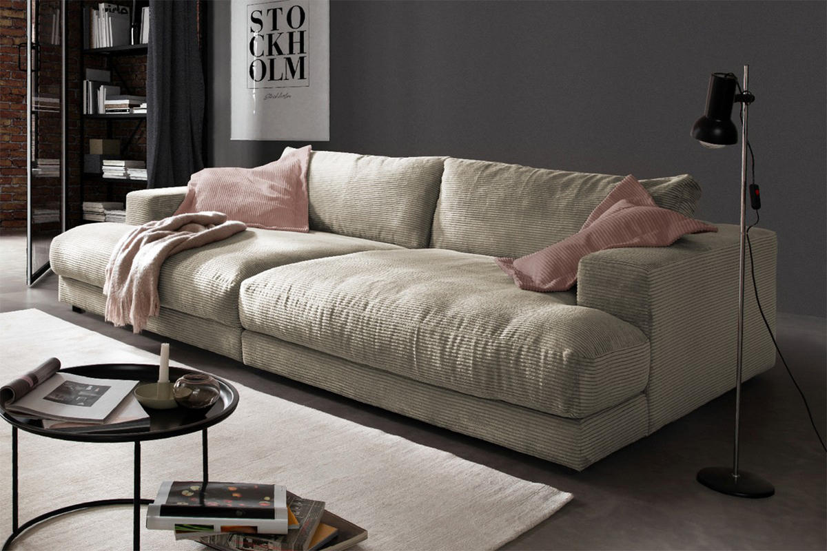 BIG SOFA XL MADELINE Cremeweiß Cord - Creme/Schwarz, Kunststoff/Textil (290/85/190cm) - KAWOLA