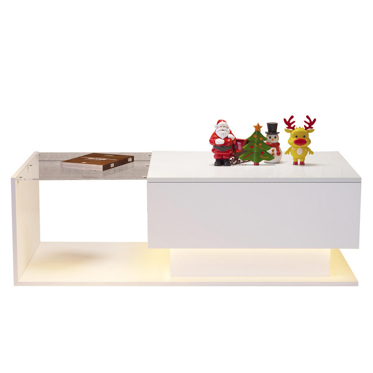 COUCHTISCH 100x50cm Hochglanzweiß Glasplatte Schublade LED-Beleuchtung - Weiß, Holz (100/50/32cm) - FLIEKS